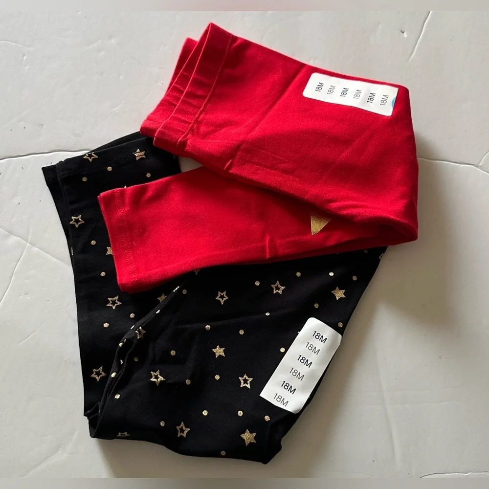 2 Set Lightning Bug Baby Star Print Leggings Set Red & Black Cotton Stretch 18 M